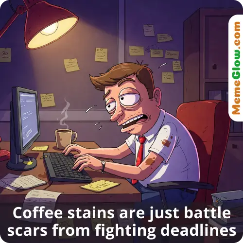Work memes: coffee work meme with guy working late at desk behind computer